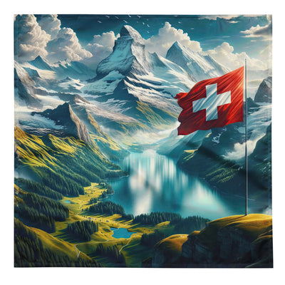 Ultraepische, fotorealistische Darstellung der Schweizer Alpenlandschaft mit Schweizer Flagge - Bandana (All-Over Print) berge xxx yyy zzz L