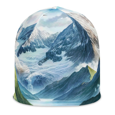 Quadratisches Aquarell der Alpen, Berge mit schneebedeckten Spitzen - Beanie (All-Over Print) berge xxx yyy zzz