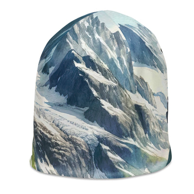 Aquarellmalerei eines Bären und der sommerlichen Alpenschönheit mit schneebedeckten Ketten - Beanie (All-Over Print) camping xxx yyy zzz