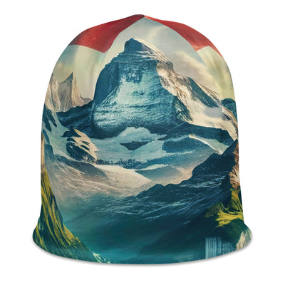 Berg Panorama: Schneeberge und Täler mit Schweizer Flagge - Beanie (All-Over Print) berge xxx yyy zzz