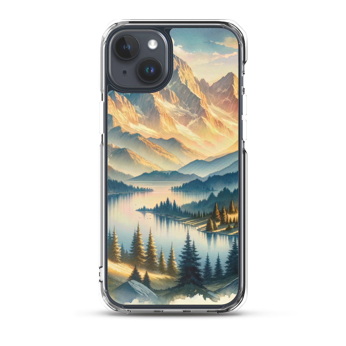 Aquarell der Alpenpracht bei Sonnenuntergang, Berge im goldenen Licht - iPhone Schutzhülle (durchsichtig) berge xxx yyy zzz iPhone 15 Plus