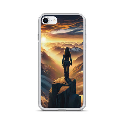 Fotorealistische Darstellung der Alpen bei Sonnenaufgang, Wanderin unter einem gold-purpurnen Himmel - iPhone Schutzhülle (durchsichtig) wandern xxx yyy zzz iPhone 7/8