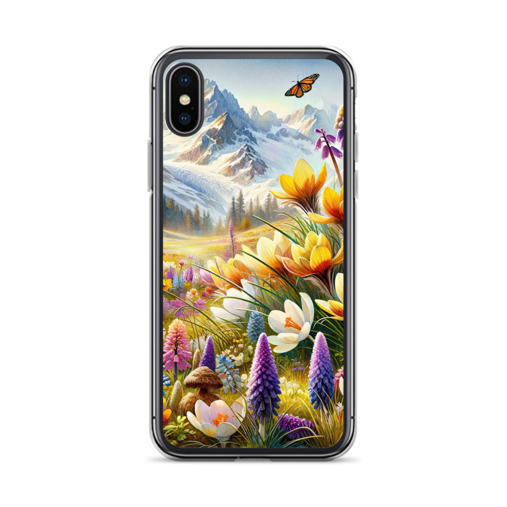 Aquarell einer ruhigen Almwiese, farbenfrohe Bergblumen in den Alpen - iPhone Schutzhülle (durchsichtig) berge xxx yyy zzz iPhone X/XS