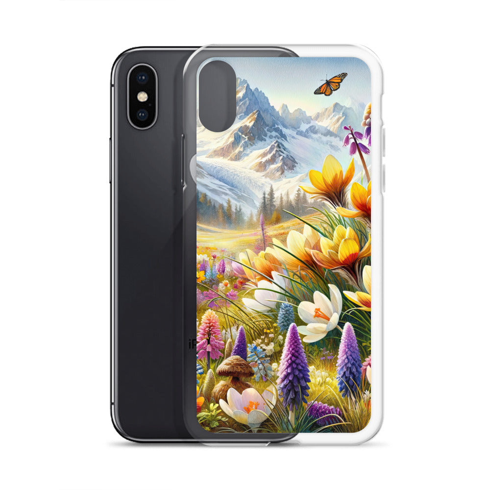 Aquarell einer ruhigen Almwiese, farbenfrohe Bergblumen in den Alpen - iPhone Schutzhülle (durchsichtig) berge xxx yyy zzz