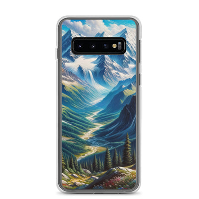 Panorama-Ölgemälde der Alpen mit schneebedeckten Gipfeln und schlängelnden Flusstälern - Samsung Schutzhülle (durchsichtig) berge xxx yyy zzz Samsung Galaxy S10