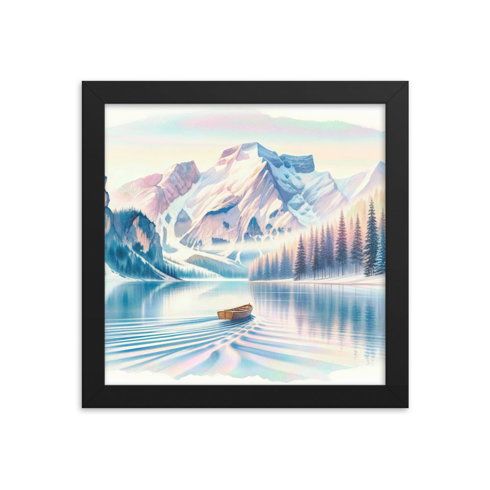 Aquarell eines klaren Alpenmorgens, Boot auf Bergsee in Pastelltönen - Premium Poster mit Rahmen berge xxx yyy zzz 25.4 x 25.4 cm