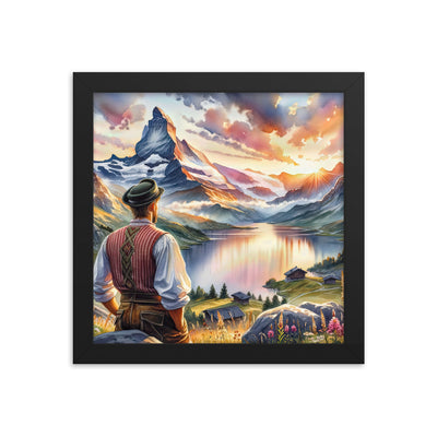 Aquarell einer Berglandschaft in der goldenen Stunde mit österreichischem Wanderer - Premium Poster mit Rahmen wandern xxx yyy zzz 25.4 x 25.4 cm