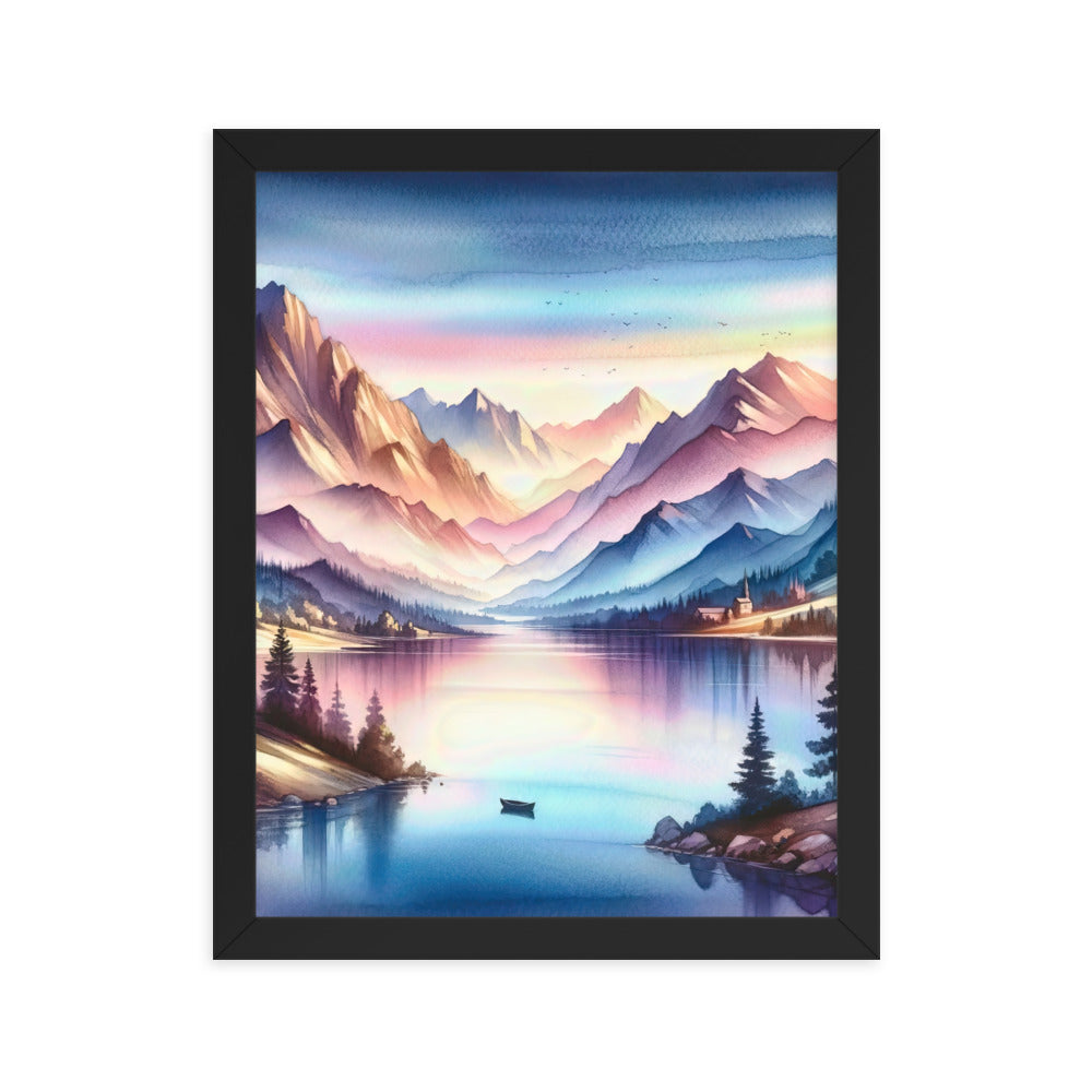 Aquarell einer Dämmerung in den Alpen, Boot auf einem See in Pastell-Licht - Premium Poster mit Rahmen berge xxx yyy zzz 27.9 x 35.6 cm
