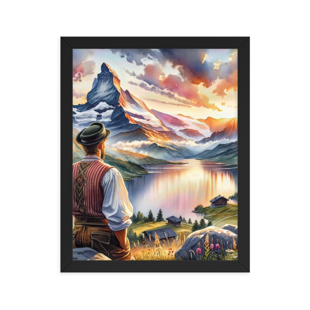 Aquarell einer Berglandschaft in der goldenen Stunde mit österreichischem Wanderer - Premium Poster mit Rahmen wandern xxx yyy zzz 27.9 x 35.6 cm