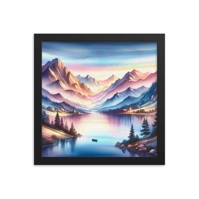 Aquarell einer Dämmerung in den Alpen, Boot auf einem See in Pastell-Licht - Premium Poster mit Rahmen berge xxx yyy zzz 30.5 x 30.5 cm