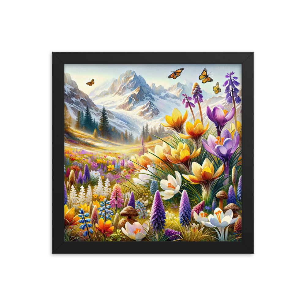 Aquarell einer ruhigen Almwiese, farbenfrohe Bergblumen in den Alpen - Premium Poster mit Rahmen berge xxx yyy zzz 30.5 x 30.5 cm