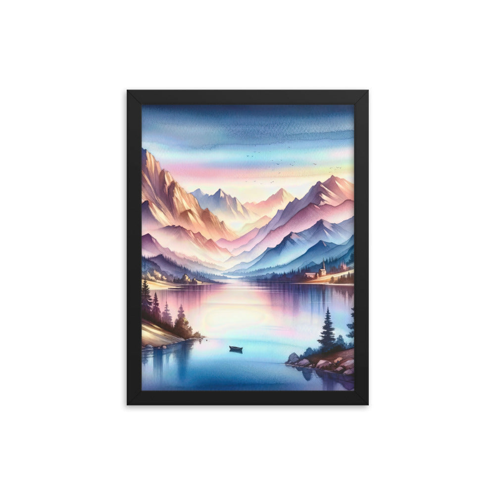 Aquarell einer Dämmerung in den Alpen, Boot auf einem See in Pastell-Licht - Premium Poster mit Rahmen berge xxx yyy zzz 30.5 x 40.6 cm