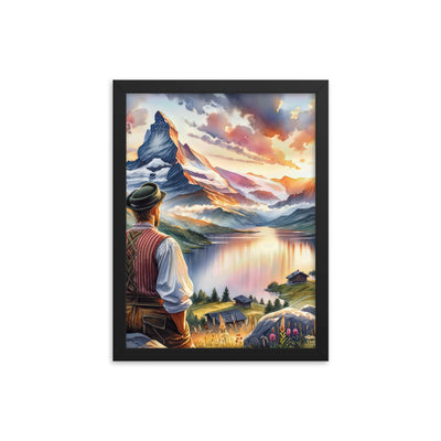 Aquarell einer Berglandschaft in der goldenen Stunde mit österreichischem Wanderer - Premium Poster mit Rahmen wandern xxx yyy zzz 30.5 x 40.6 cm