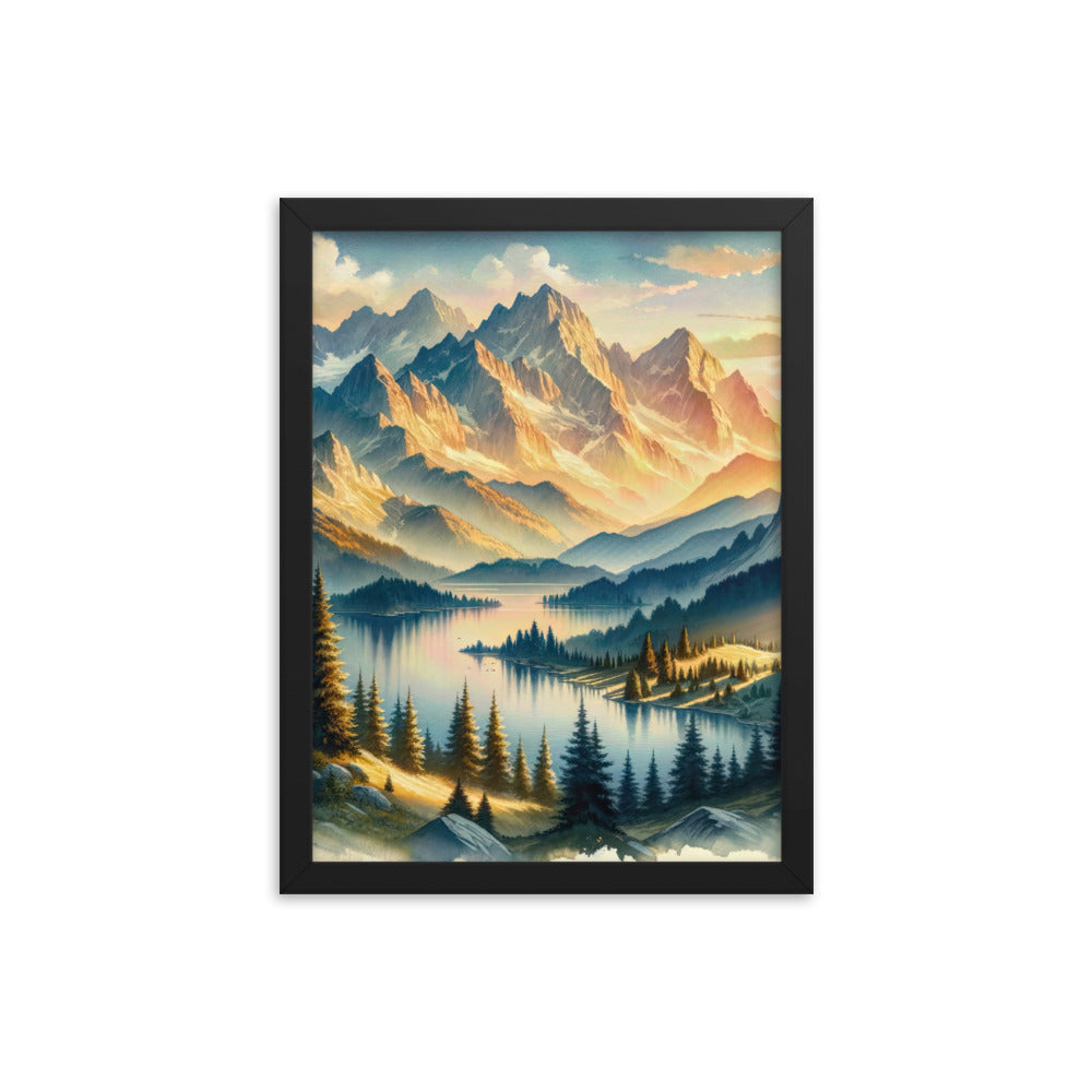 Aquarell der Alpenpracht bei Sonnenuntergang, Berge im goldenen Licht - Premium Poster mit Rahmen berge xxx yyy zzz 30.5 x 40.6 cm