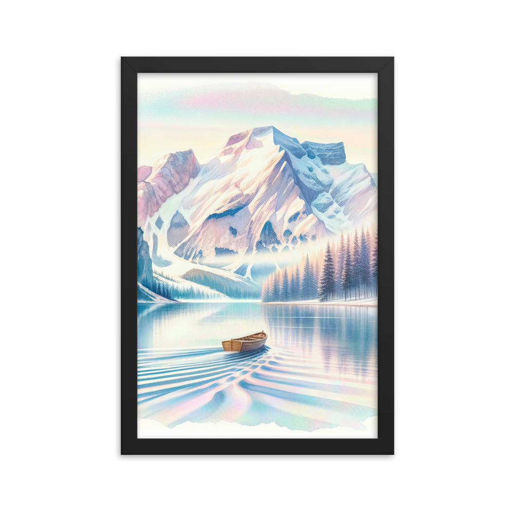 Aquarell eines klaren Alpenmorgens, Boot auf Bergsee in Pastelltönen - Premium Poster mit Rahmen berge xxx yyy zzz 30.5 x 45.7 cm