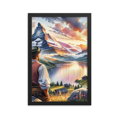 Aquarell einer Berglandschaft in der goldenen Stunde mit österreichischem Wanderer - Premium Poster mit Rahmen wandern xxx yyy zzz 30.5 x 45.7 cm
