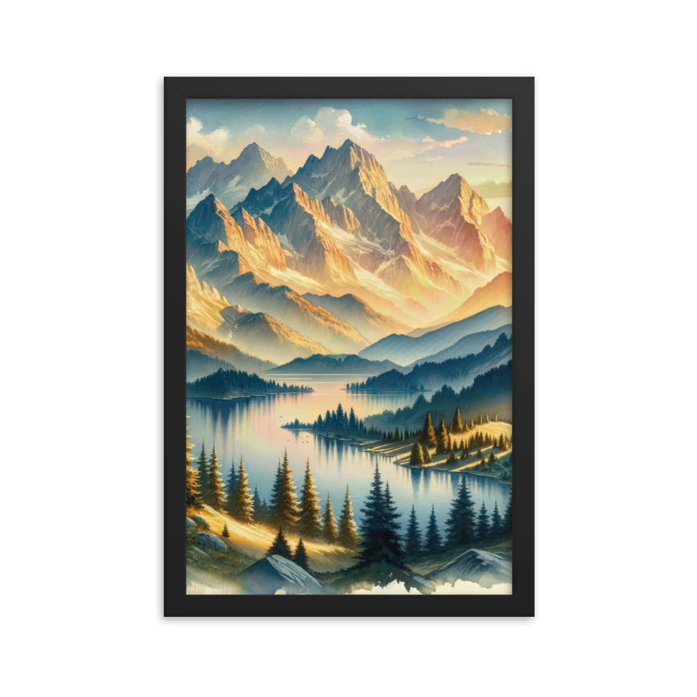 Aquarell der Alpenpracht bei Sonnenuntergang, Berge im goldenen Licht - Premium Poster mit Rahmen berge xxx yyy zzz 30.5 x 45.7 cm