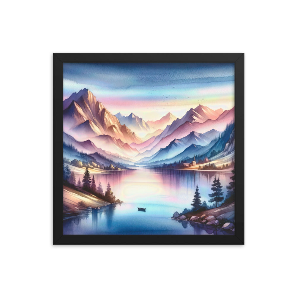 Aquarell einer Dämmerung in den Alpen, Boot auf einem See in Pastell-Licht - Premium Poster mit Rahmen berge xxx yyy zzz 35.6 x 35.6 cm