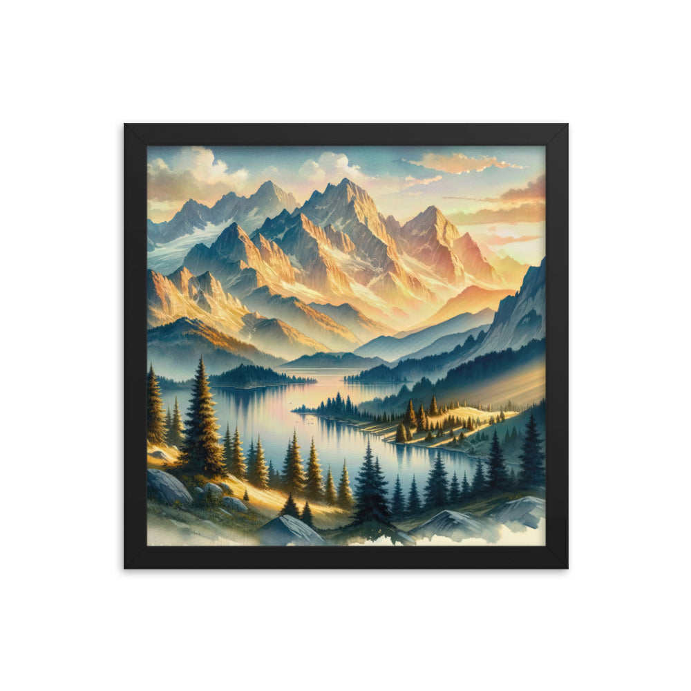 Aquarell der Alpenpracht bei Sonnenuntergang, Berge im goldenen Licht - Premium Poster mit Rahmen berge xxx yyy zzz 35.6 x 35.6 cm