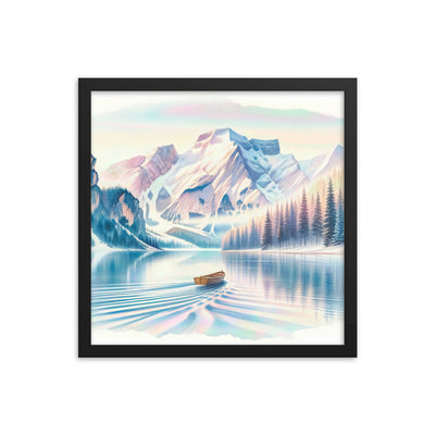 Aquarell eines klaren Alpenmorgens, Boot auf Bergsee in Pastelltönen - Premium Poster mit Rahmen berge xxx yyy zzz 40.6 x 40.6 cm