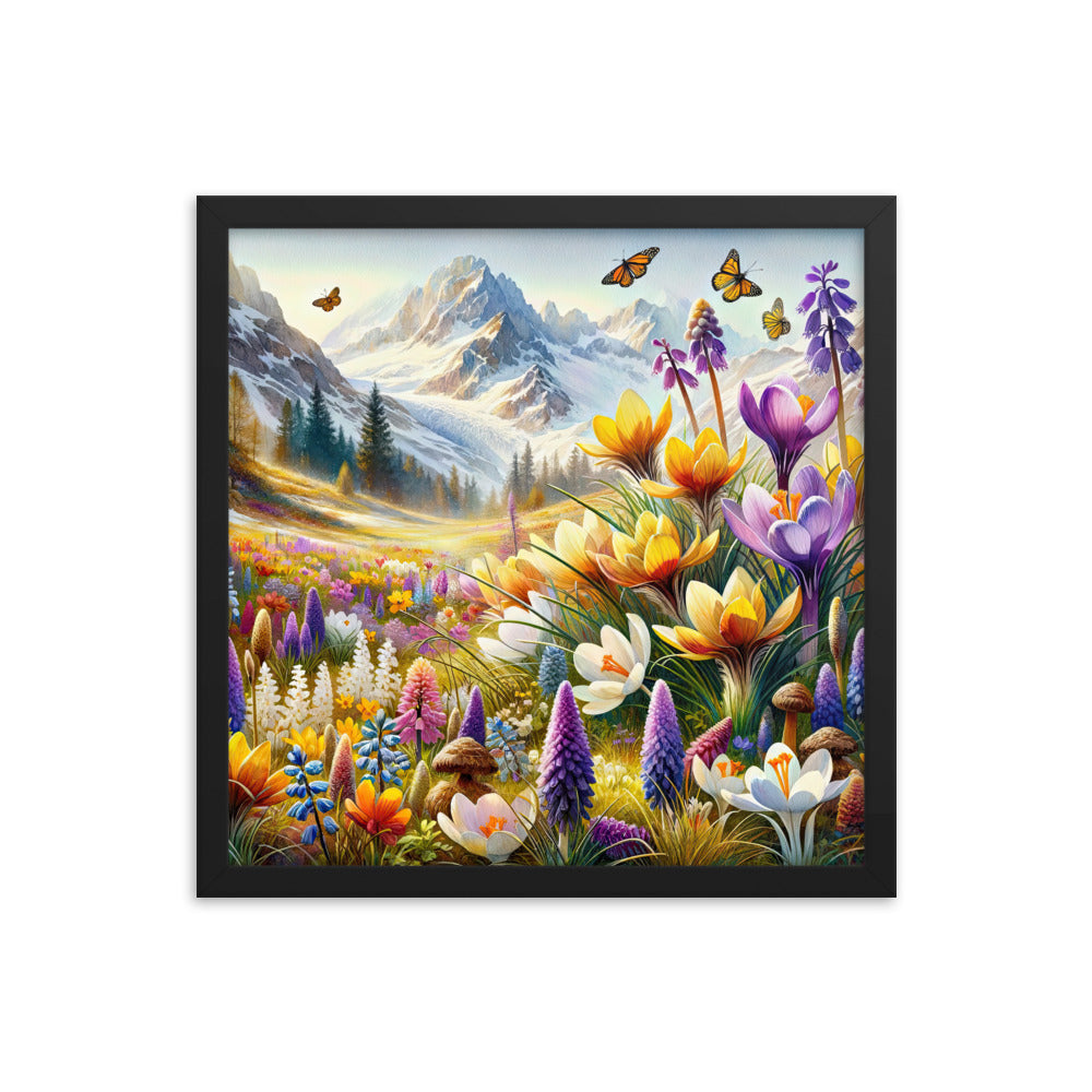 Aquarell einer ruhigen Almwiese, farbenfrohe Bergblumen in den Alpen - Premium Poster mit Rahmen berge xxx yyy zzz 40.6 x 40.6 cm