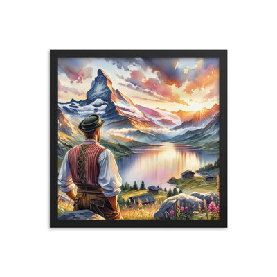 Aquarell einer Berglandschaft in der goldenen Stunde mit österreichischem Wanderer - Premium Poster mit Rahmen wandern xxx yyy zzz 40.6 x 40.6 cm