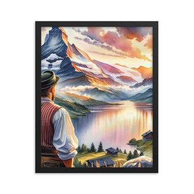 Aquarell einer Berglandschaft in der goldenen Stunde mit österreichischem Wanderer - Premium Poster mit Rahmen wandern xxx yyy zzz 40.6 x 50.8 cm