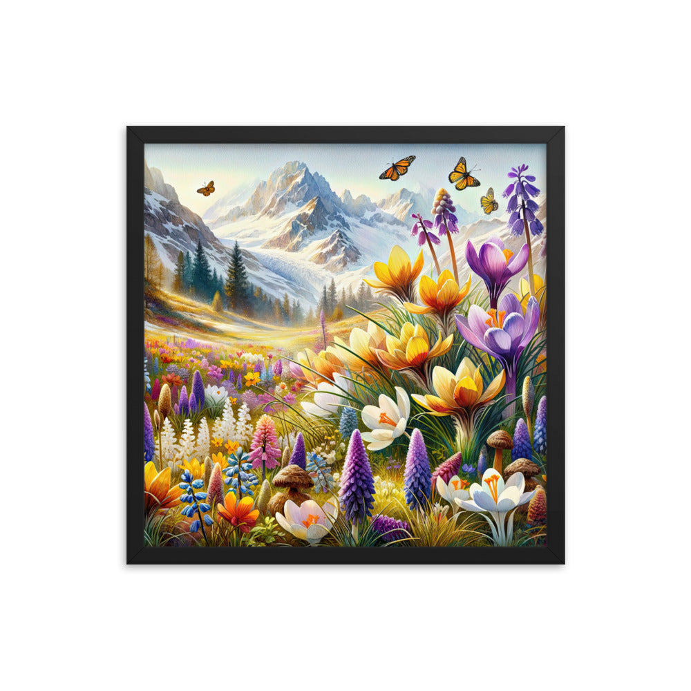 Aquarell einer ruhigen Almwiese, farbenfrohe Bergblumen in den Alpen - Premium Poster mit Rahmen berge xxx yyy zzz 45.7 x 45.7 cm
