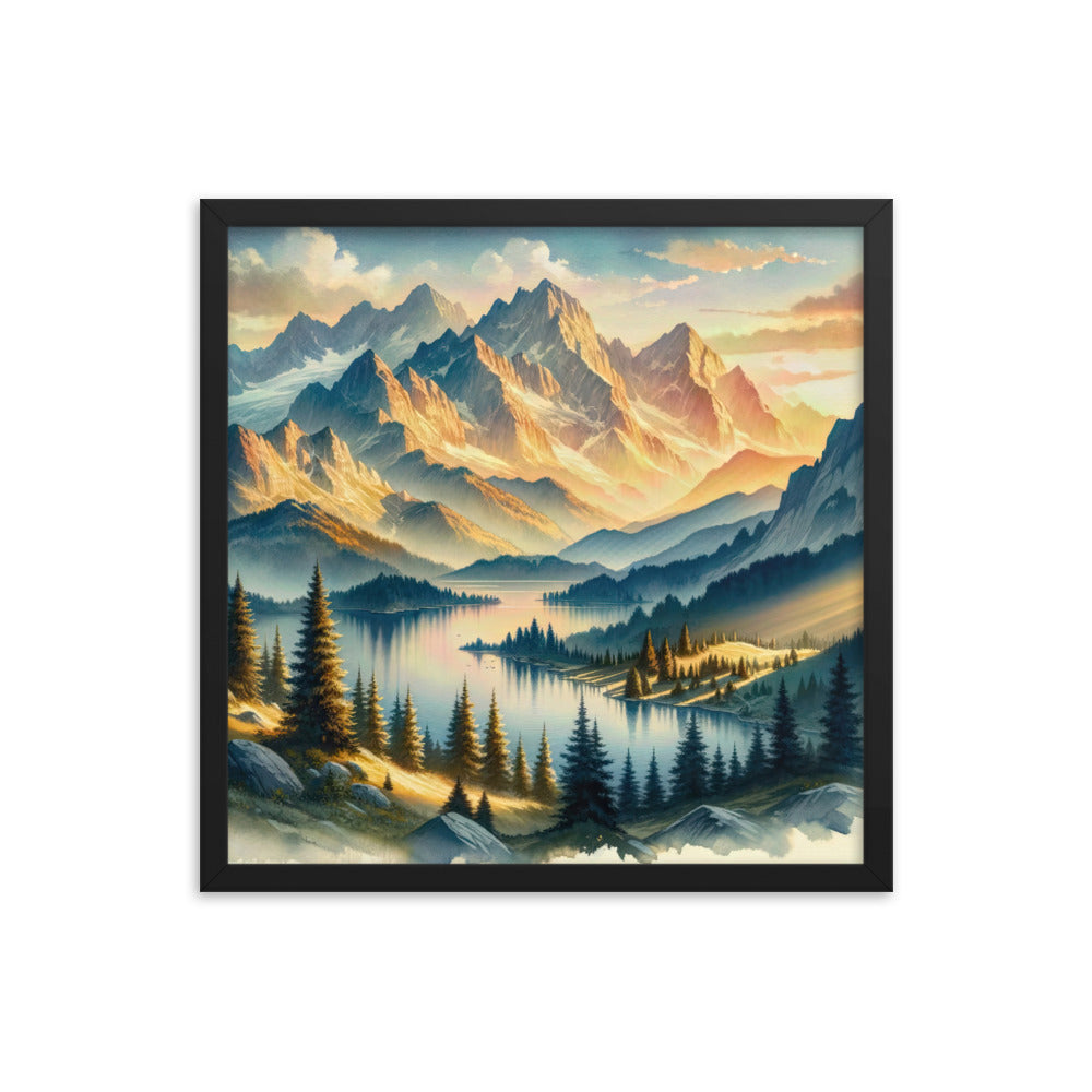 Aquarell der Alpenpracht bei Sonnenuntergang, Berge im goldenen Licht - Premium Poster mit Rahmen berge xxx yyy zzz 45.7 x 45.7 cm