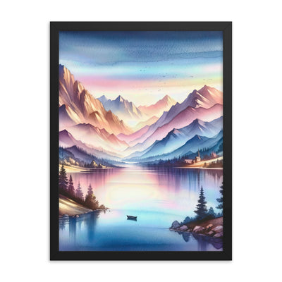 Aquarell einer Dämmerung in den Alpen, Boot auf einem See in Pastell-Licht - Premium Poster mit Rahmen berge xxx yyy zzz 45.7 x 61 cm