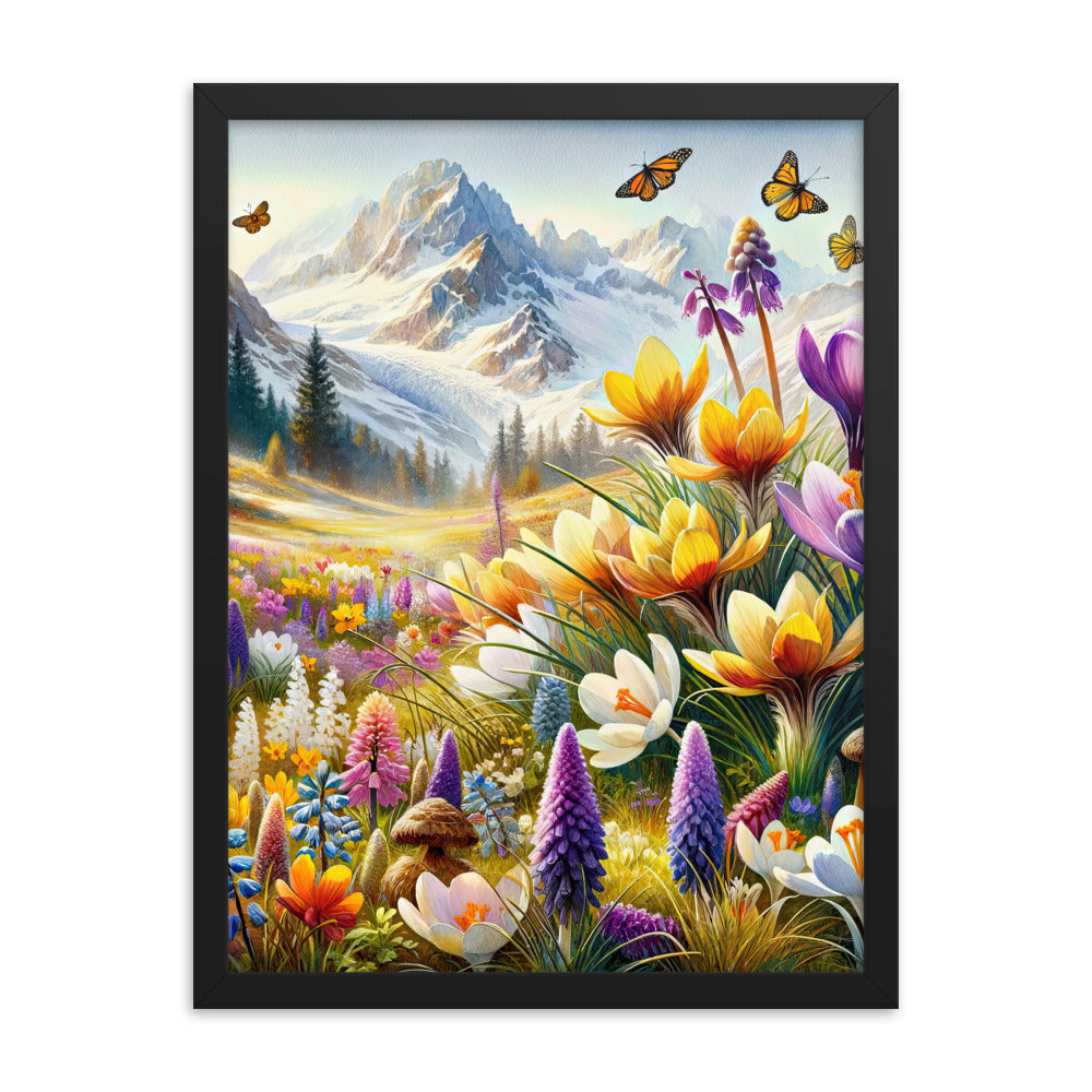 Aquarell einer ruhigen Almwiese, farbenfrohe Bergblumen in den Alpen - Premium Poster mit Rahmen berge xxx yyy zzz 45.7 x 61 cm