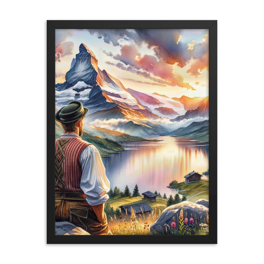 Aquarell einer Berglandschaft in der goldenen Stunde mit österreichischem Wanderer - Premium Poster mit Rahmen wandern xxx yyy zzz 45.7 x 61 cm