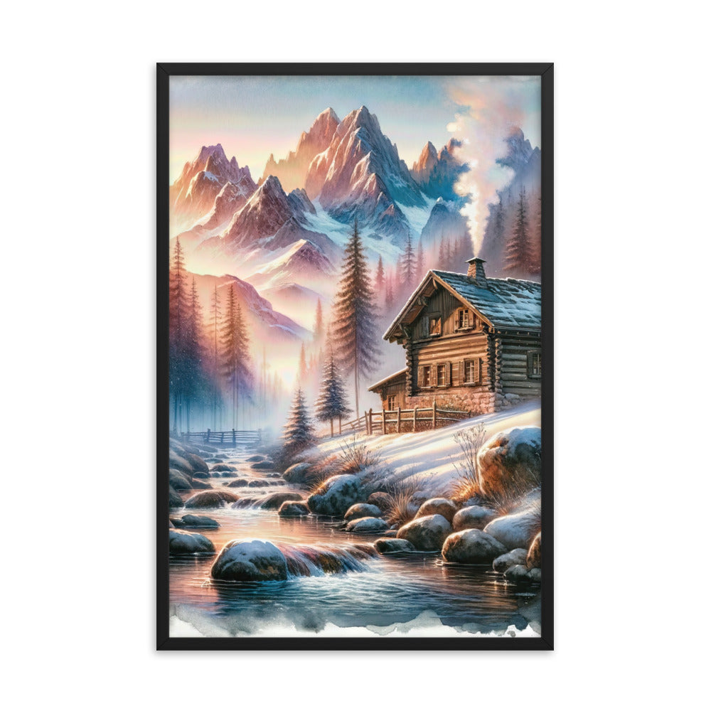 Aquarell einer Alpenszene im Morgengrauen, Haus in den Bergen - Premium Poster mit Rahmen berge xxx yyy zzz 61 x 91.4 cm