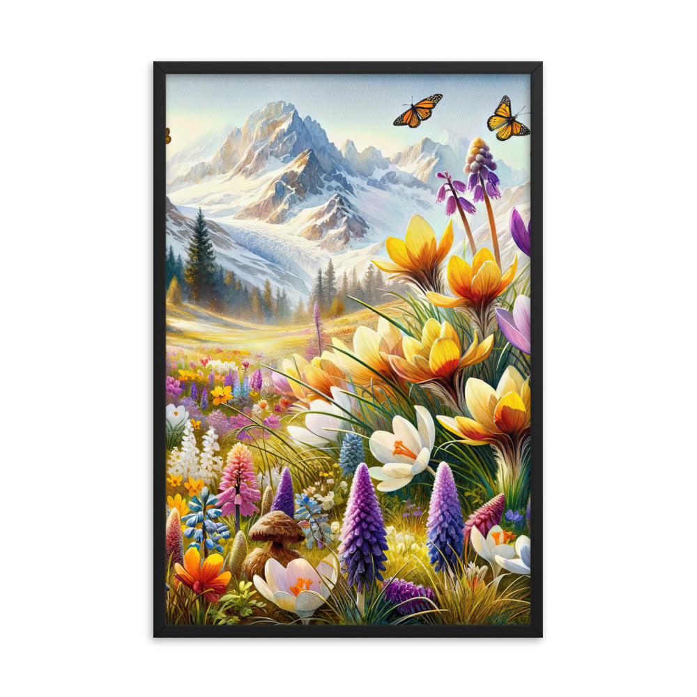 Aquarell einer ruhigen Almwiese, farbenfrohe Bergblumen in den Alpen - Premium Poster mit Rahmen berge xxx yyy zzz 61 x 91.4 cm