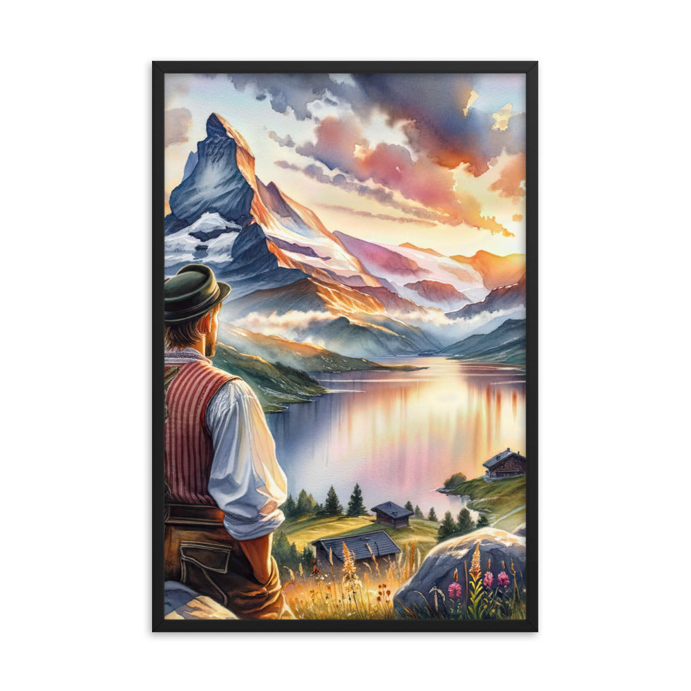 Aquarell einer Berglandschaft in der goldenen Stunde mit österreichischem Wanderer - Premium Poster mit Rahmen wandern xxx yyy zzz 61 x 91.4 cm