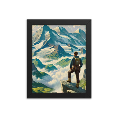 Panoramablick der Alpen mit Wanderer auf einem Hügel und schroffen Gipfeln - Premium Poster mit Rahmen wandern xxx yyy zzz 20.3 x 25.4 cm