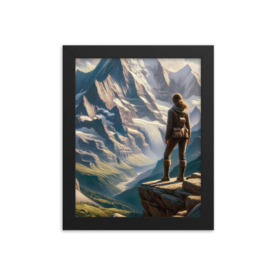 Ölgemälde der Alpengipfel mit Schweizer Abenteurerin auf Felsvorsprung - Premium Poster mit Rahmen wandern xxx yyy zzz 20.3 x 25.4 cm