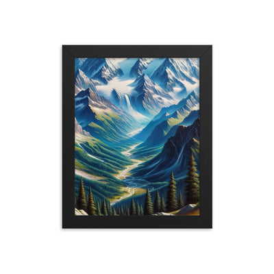Panorama-Ölgemälde der Alpen mit schneebedeckten Gipfeln und schlängelnden Flusstälern - Premium Poster mit Rahmen berge xxx yyy zzz 20.3 x 25.4 cm