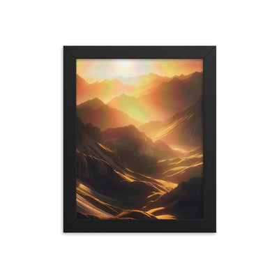 Foto der goldenen Stunde in den Bergen mit warmem Schein über zerklüftetem Gelände - Premium Poster mit Rahmen berge xxx yyy zzz 20.3 x 25.4 cm
