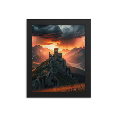 Foto einer Alpenburg bei stürmischem Sonnenuntergang, dramatische Wolken und Sonnenstrahlen - Premium Poster mit Rahmen berge xxx yyy zzz 20.3 x 25.4 cm