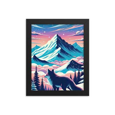 Vektorgrafik eines alpinen Winterwunderlandes mit schneebedeckten Kiefern und einem Fuchs - Premium Poster mit Rahmen camping xxx yyy zzz 20.3 x 25.4 cm