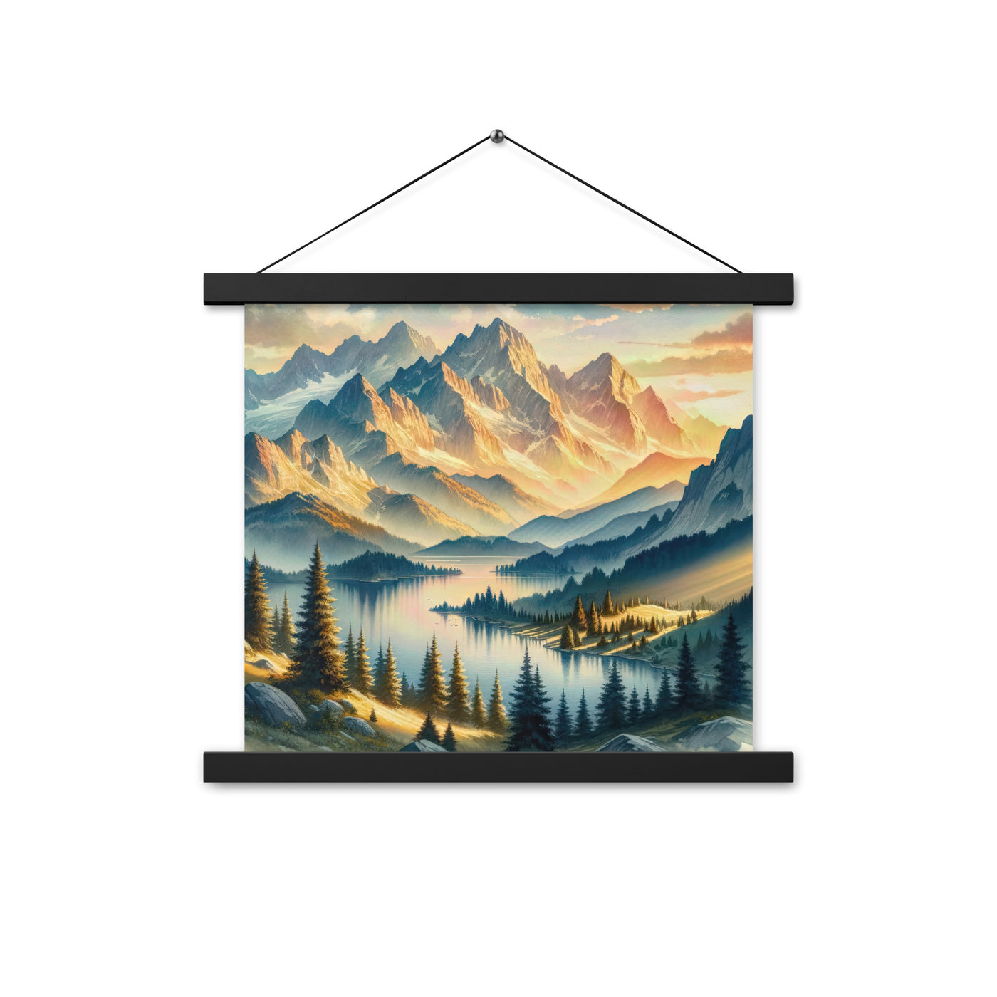 Aquarell der Alpenpracht bei Sonnenuntergang, Berge im goldenen Licht - Premium Poster mit Aufhängung berge xxx yyy zzz 35.6 x 35.6 cm