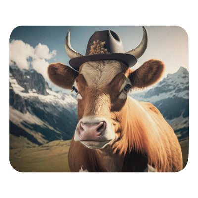 Kuh mit Hut in den Alpen - Berge im Hintergrund - Landschaftsmalerei - Mauspad berge xxx Default Title