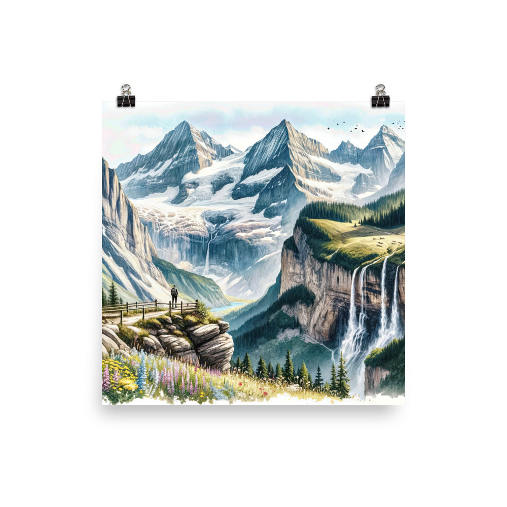 Aquarell-Panoramablick der Alpen mit schneebedeckten Gipfeln, Wasserfällen und Wanderern - Premium Poster (glänzend) wandern xxx yyy zzz 25.4 x 25.4 cm
