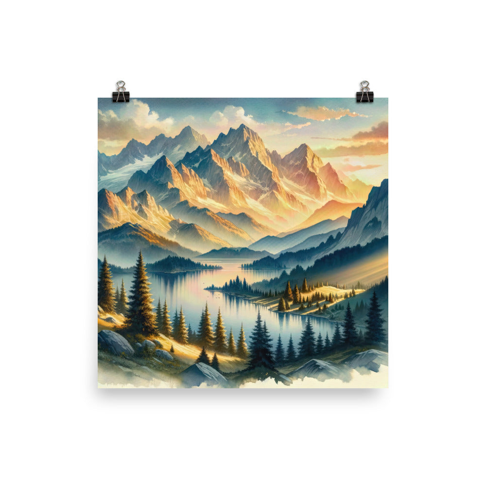 Aquarell der Alpenpracht bei Sonnenuntergang, Berge im goldenen Licht - Premium Poster (glänzend) berge xxx yyy zzz 25.4 x 25.4 cm
