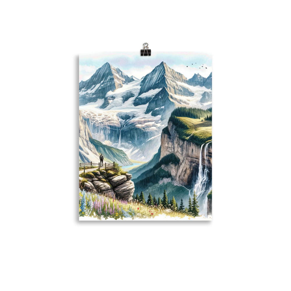 Aquarell-Panoramablick der Alpen mit schneebedeckten Gipfeln, Wasserfällen und Wanderern - Premium Poster (glänzend) wandern xxx yyy zzz 27.9 x 35.6 cm
