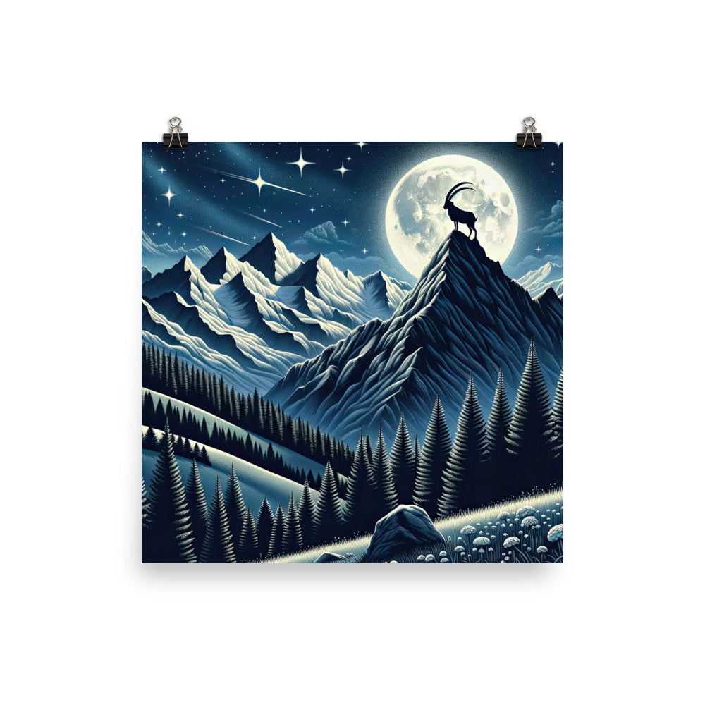 Steinbock in Alpennacht, silberne Berge und Sternenhimmel - Premium Poster (glänzend) berge xxx yyy zzz 30.5 x 30.5 cm