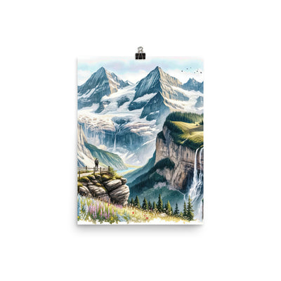 Aquarell-Panoramablick der Alpen mit schneebedeckten Gipfeln, Wasserfällen und Wanderern - Premium Poster (glänzend) wandern xxx yyy zzz 30.5 x 40.6 cm