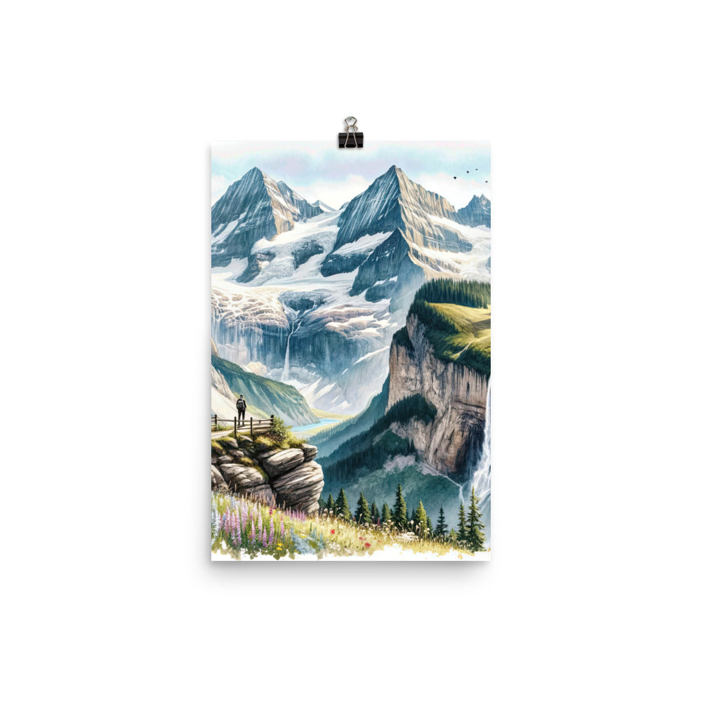 Aquarell-Panoramablick der Alpen mit schneebedeckten Gipfeln, Wasserfällen und Wanderern - Premium Poster (glänzend) wandern xxx yyy zzz 30.5 x 45.7 cm