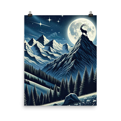 Steinbock in Alpennacht, silberne Berge und Sternenhimmel - Premium Poster (glänzend) berge xxx yyy zzz 40.6 x 50.8 cm